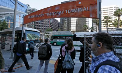 Photo of commuters making their way into the Temporary Transbay Terminal after the Salesforce Transit Center was closed