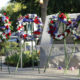 Photo of wreaths and memorial marker in Clovis, California, commemorating the 9-11 terrorist attacks