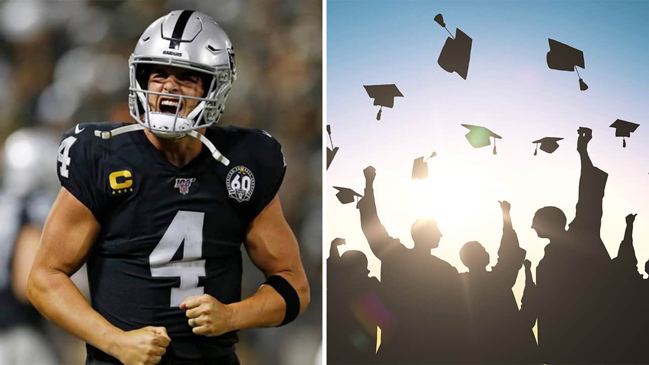 Side-by-side images of Raiders QB Derek Carr and graduates tossing their graduation caps